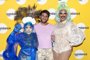 Director Amrou Al-Kadhi (center) with performers Madazon Can-Can and Kay Bye before the 2024 Local Lens summer screening of 'Layla.' Photographer: Miguel Mendoza