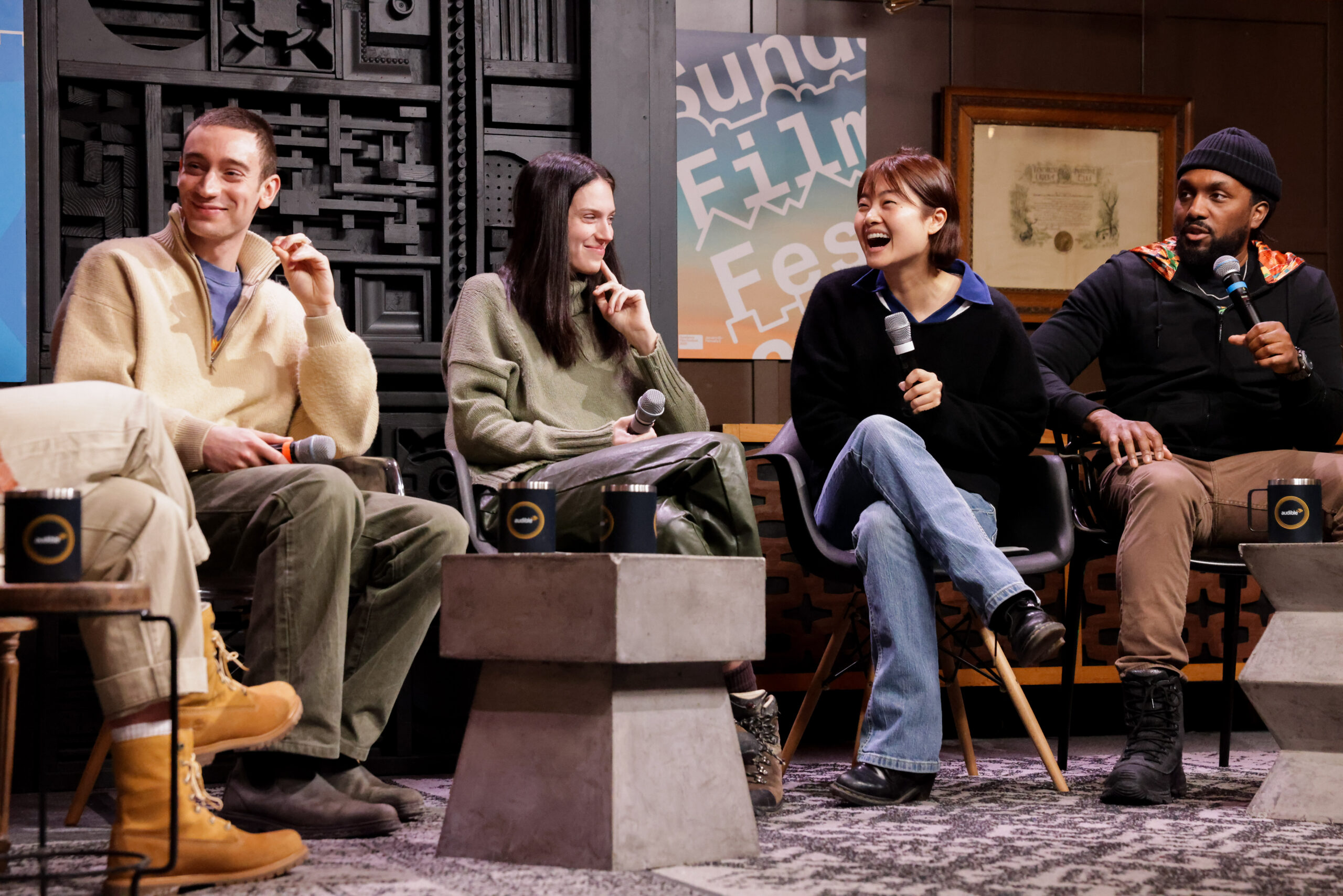 (L–R) Théodore Pellerin, Eva Victor, Katarina Zhu, and Rashad Frett attend the 2025 Sundance Film Festival at Filmmaker Lodge on January 28, 2025, in Park City, UT.