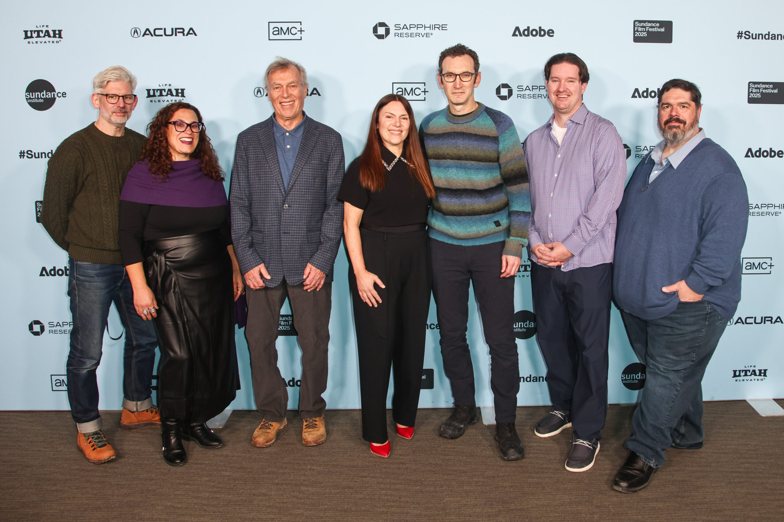 (L–R) Jeff Dutemple, Rachel Raimist, Fred Isseks, Amanda McBaine, Jesse Moss, David Birmingham, and Mike Regan attend the 2025 Sundance Film Festival premiere of “Middletown” at Library Center Theatre on January 28, 2025, in Park City, UT.