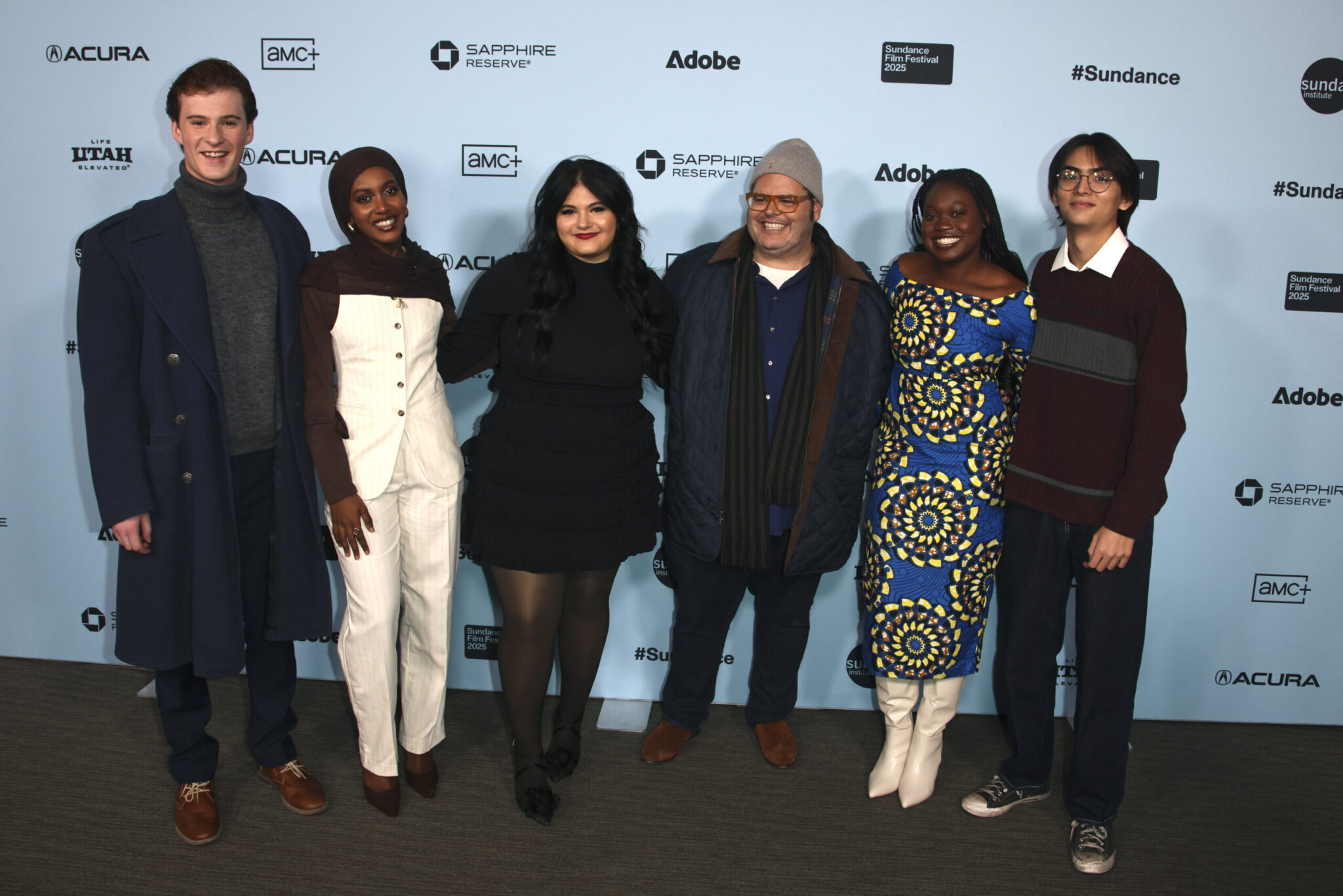 (L–R) Sam Schaefer, Mfaz Mohamed Ali, Noor Garoui, Josh Gad, Esther Oyetunji and Noah Detiveaux attend the 2025 Sundance Film Festival premiere of "Speak." at the Library Center Theatre on January 23, 2025 in Park City, UT.