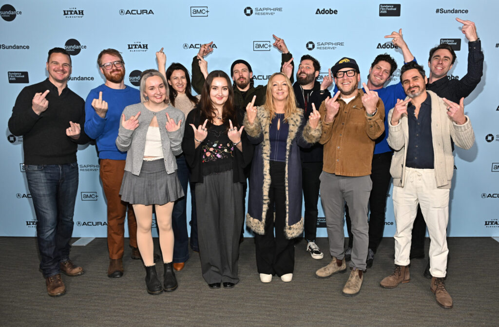 Joby Harold, Parker Laramie, Delilah Ricciardi, Tory Tunnell, Tallula Ricciardi, Ethan Indorf, Janice Ricciardi, Tony Benna, Lee Einhorn, Ben Cotner, Joshua Altman, and Bud Johnston at the 2025 Sundance Film Festival premiere of "André is an Idiot" at the Library Center Theatre on January 24, 2025 in Park City, UT.