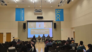 directors of PARADISE MAN (ii), and THE LONG VALLEY at Salt Lake Community College speaking to film students.